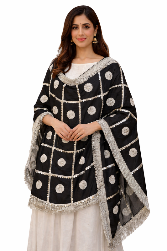 Daman Dupatta in Black with Silver Lace