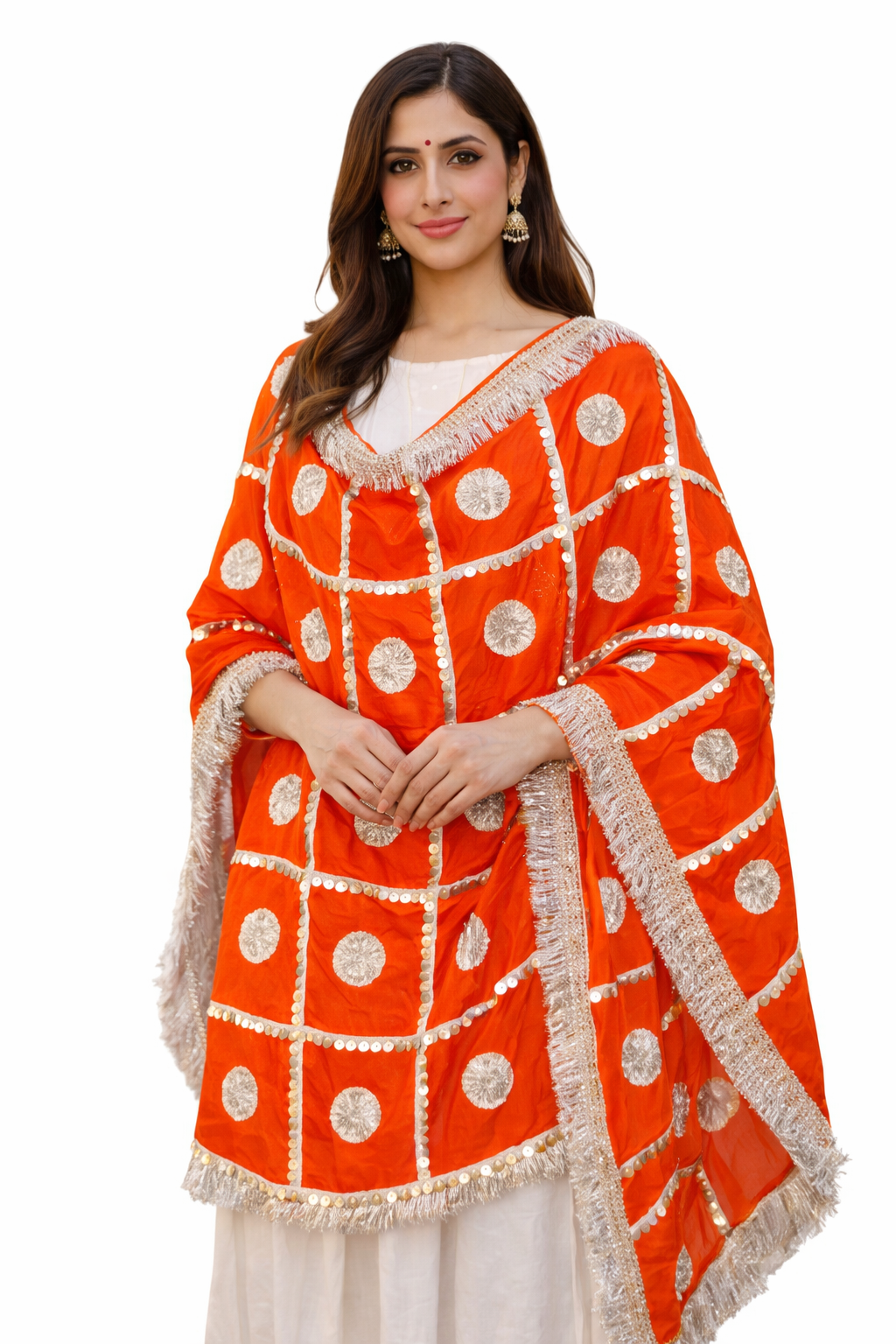 Daman Dupatta in Red with Silver Lace