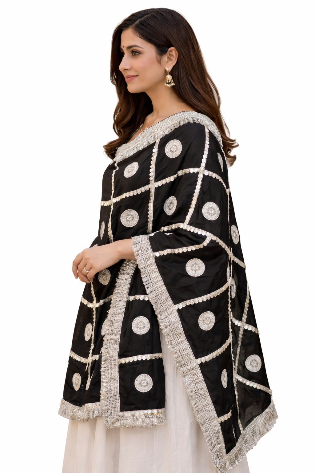 Daman Dupatta in Black with Silver Lace