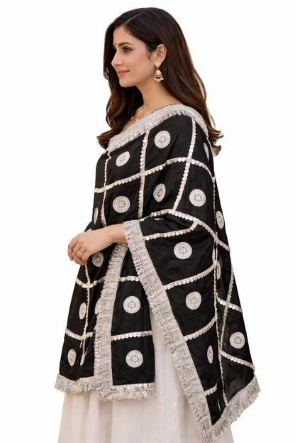 Daman Dupatta in Black with Silver Lace